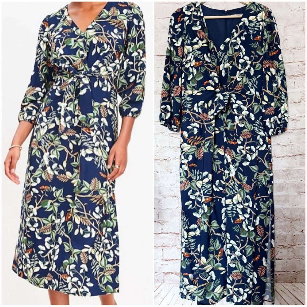 Loft floral leaf tie front midi dress